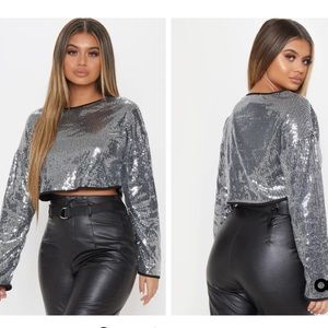 NWT Silver Sequin Long Sleeve Crop Top